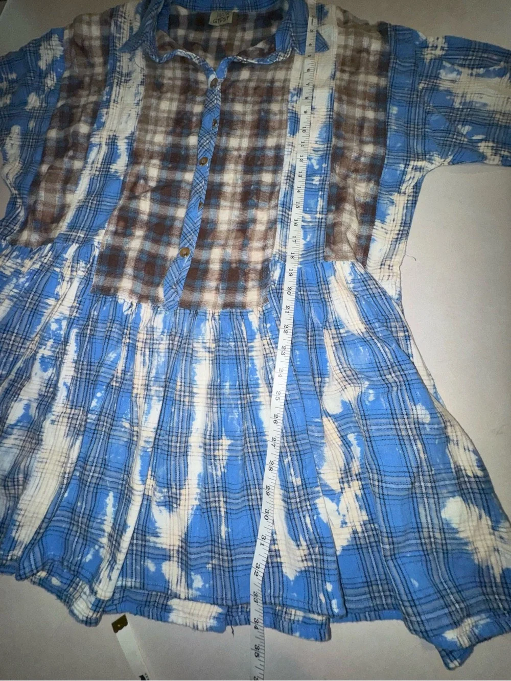 Jaded Gypsy Plaid Tunic Dress L XL Blue Brown Distressed Cowgirl Festival